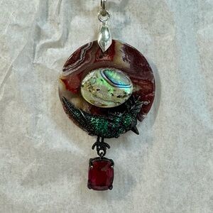 Handcrafted Red Agate & Abalone Bird Pendant Necklace